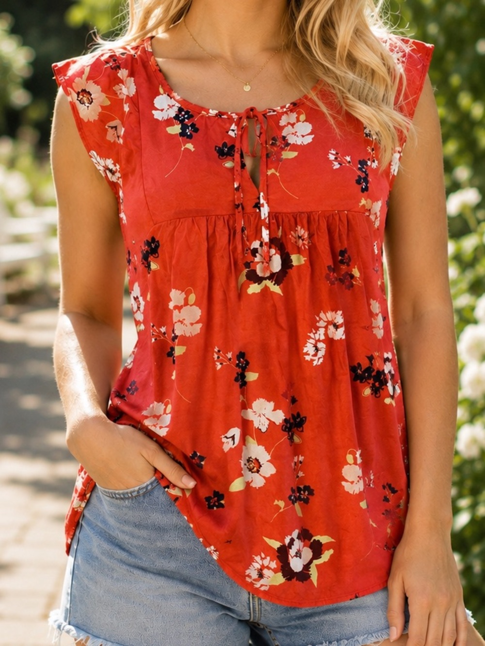 GAP Floral Tie Neck Blouse Top Women’s Large Red Orange Flowy Boho Rayon